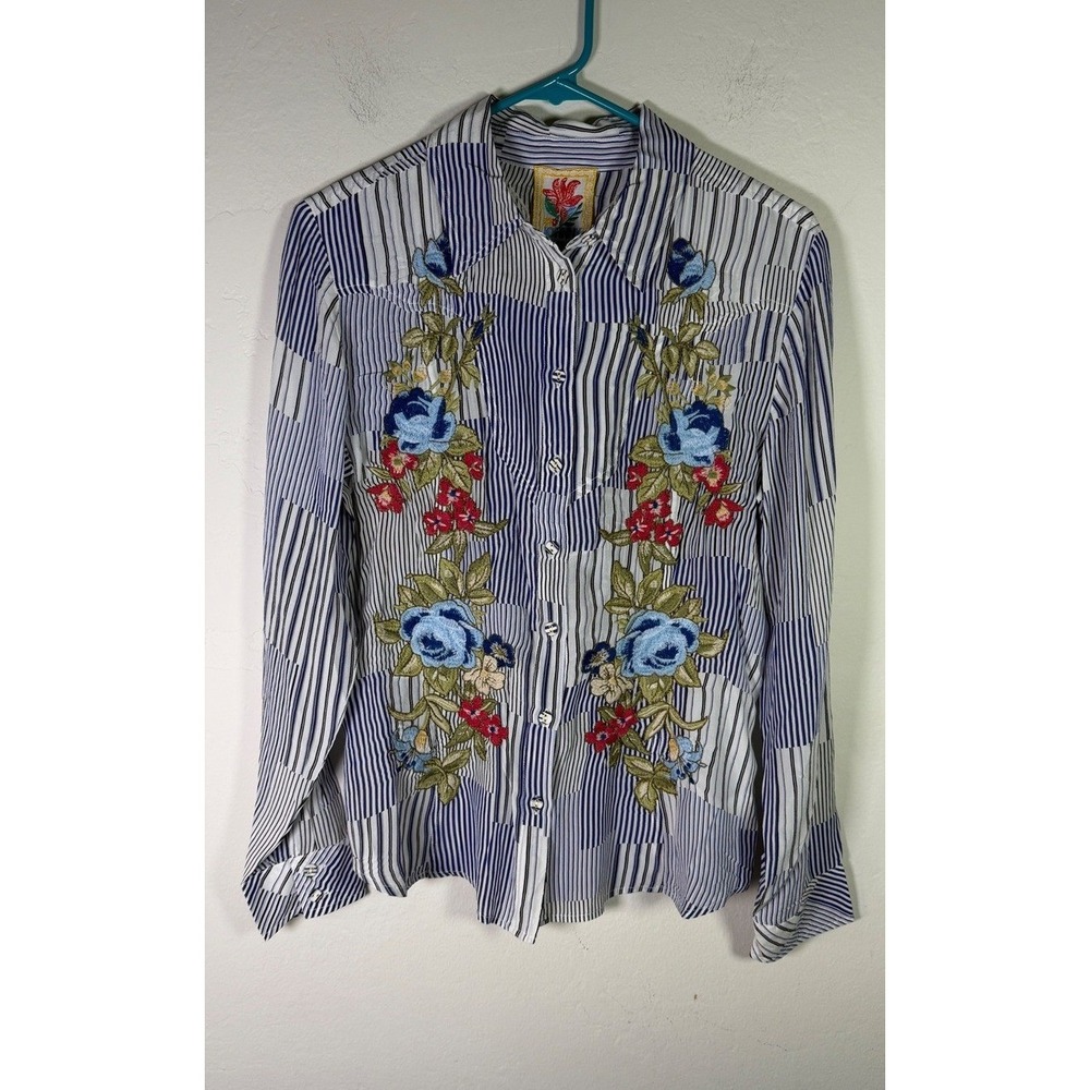 Johnny Was Western Seamed Silk Shirt Floral Embroidered S